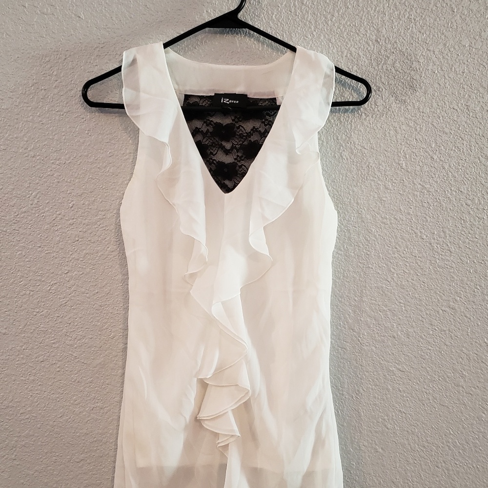 IZ Byer white and black lace ruffle front top